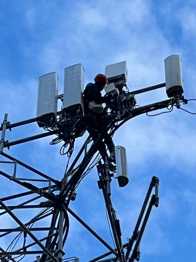 A man is standing on top of a telephone pole
