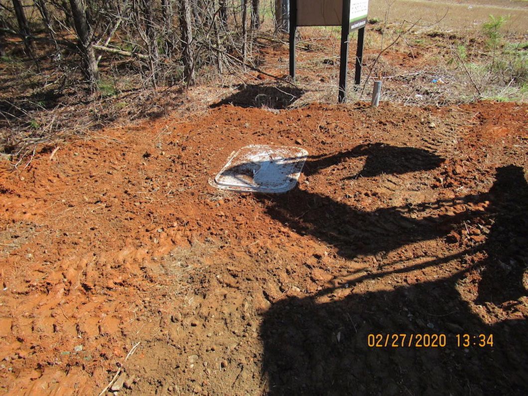 A person is digging a hole in the dirt in the woods.