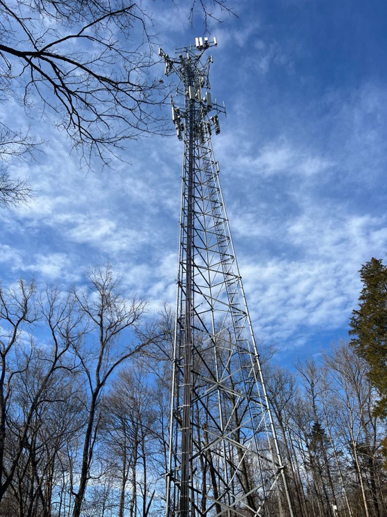 A large telephone tower is surrounded by trees and a blue sky.