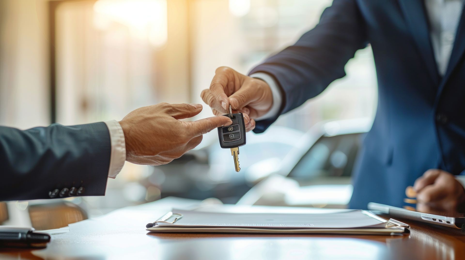 Person in suit handing car keys to another person over a desk.