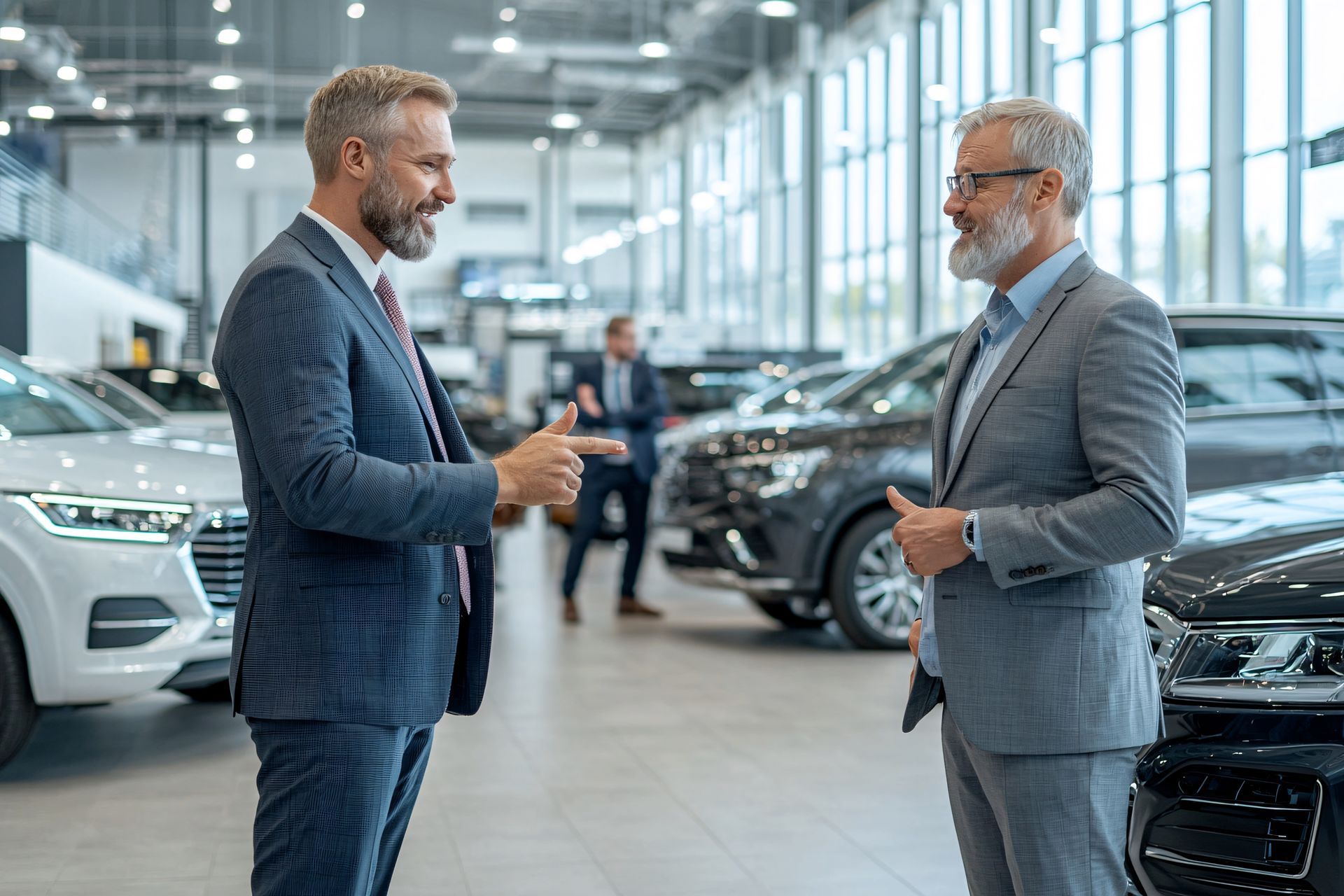 Two men in suits talking in a car dealership, gesturing near vehicles.