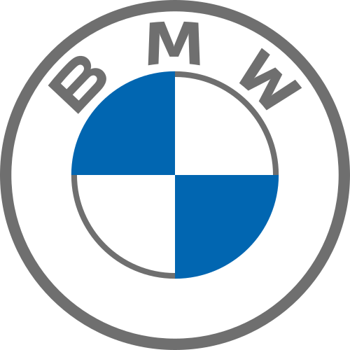 BMW logo: Blue and white quartered circle with "BMW" text on a gray ring.