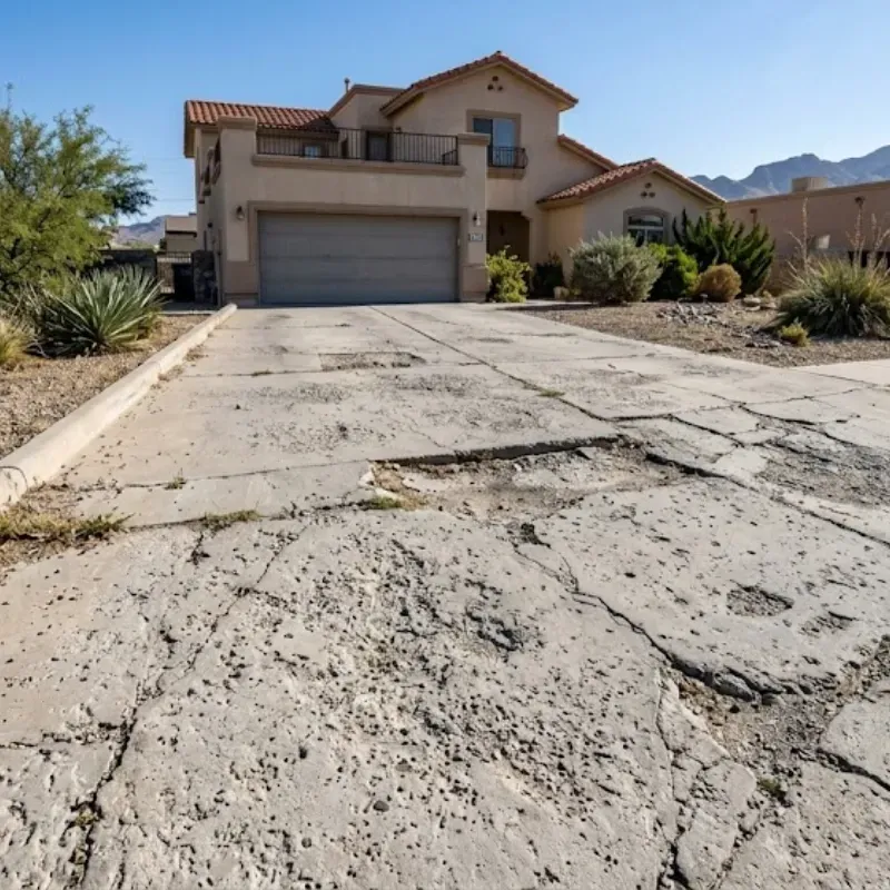 Aging concrete driveway in El Paso showing cracks and wear from sun exposure and heat, highlighting the need for replacement after 25-30 years