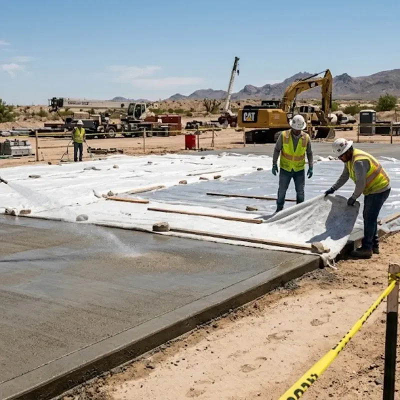 Concrete curing process in El Paso TX using moisture control methods to prevent cracking in hot dry climate