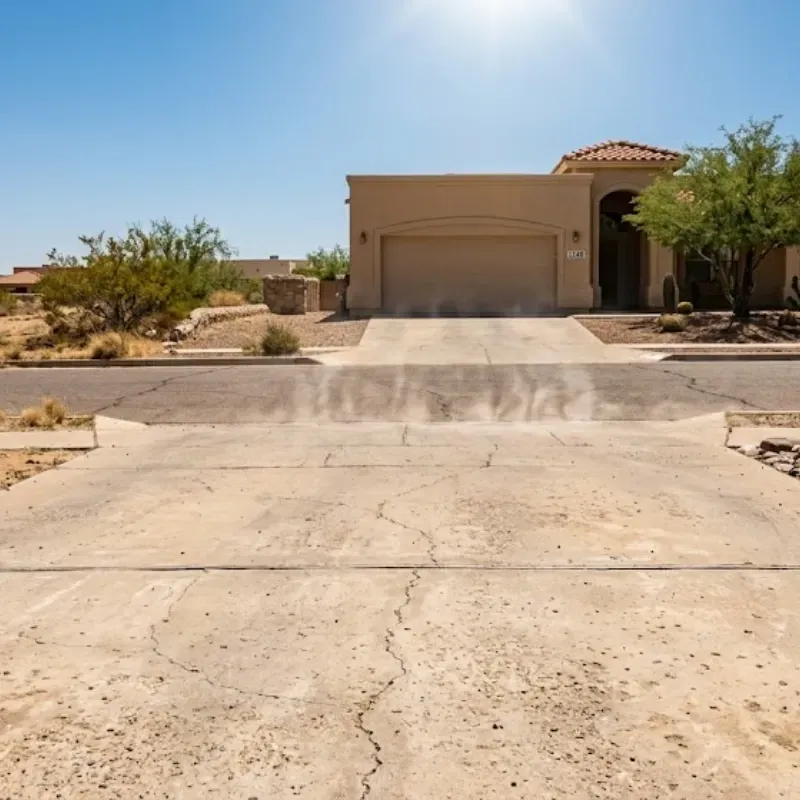 Concrete driveway in El Paso TX under intense desert sun showing heat impact and surface stress