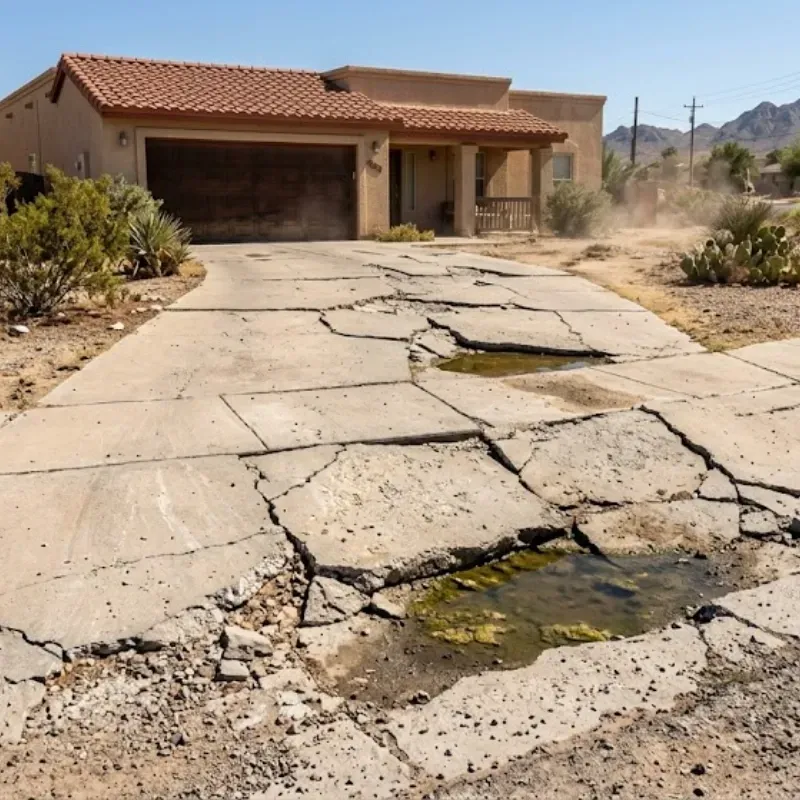 Concrete driveway in El Paso showing cracks, uneven slabs, and water pooling, highlighting common structural issues from extreme weather and poor maintenance