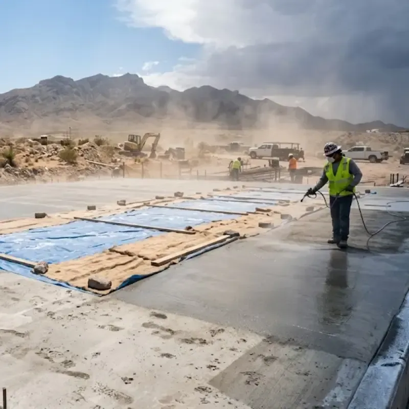 Concrete slab curing under extreme heat in El Paso TX with protective covering to prevent rapid evaporation
