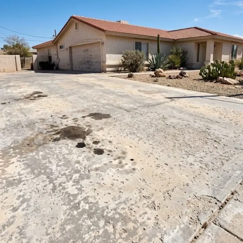 Faded and discolored concrete driveway in El Paso TX showing UV sun damage and surface wear