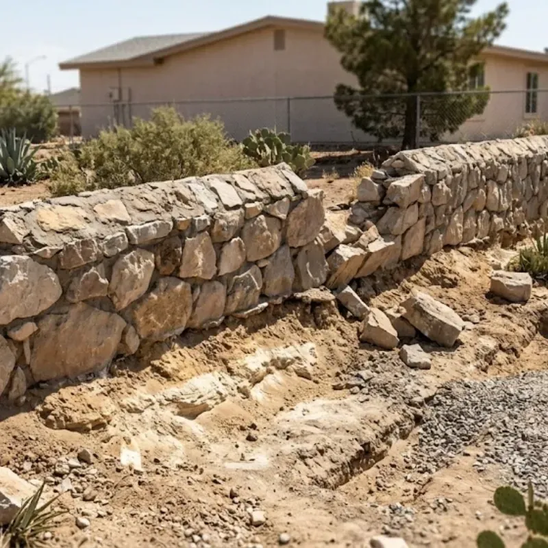 Leaning rock retaining wall in El Paso caused by poor soil compaction and unstable caliche base