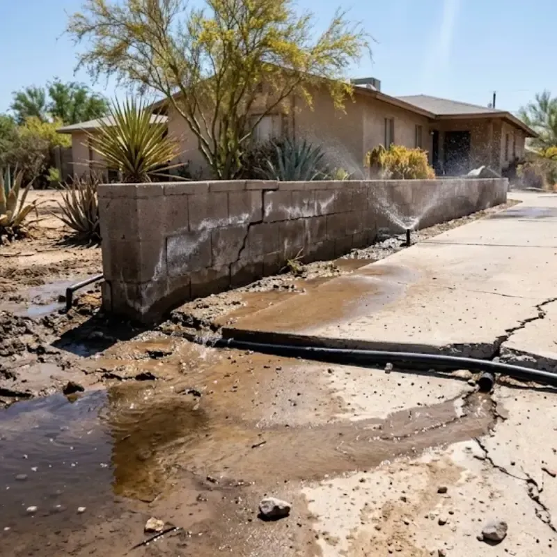 Overwatering irrigation system damaging concrete driveway and soil erosion in El Paso TX heat