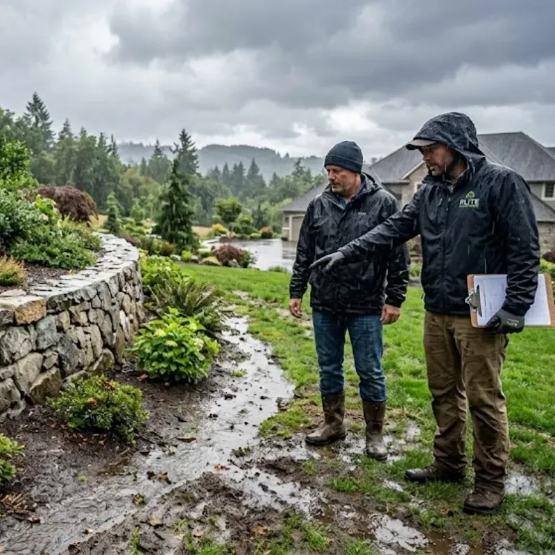 Property owner inspecting stormwater drainage around retaining wall in El Paso Texas residential yard