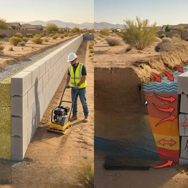 Retaining wall failure in El Paso caused by poor backfill compaction and lack of drainage separation