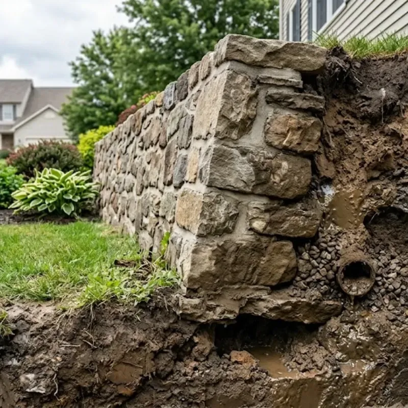 Rock retaining wall failure in El Paso TX showing soil pressure damage, poor drainage buildup, and wall rotation from unstable footing