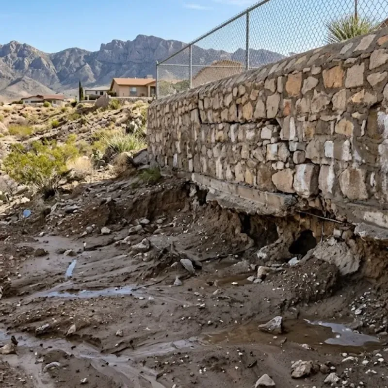 Rock wall erosion caused by improper grading in El Paso near Franklin Mountains hillside property