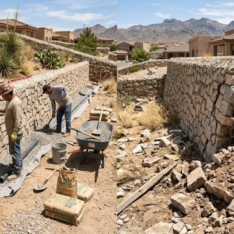 Rock wall repair vs replacement in El Paso TX showing structural damage, soil pressure shift, and drainage issues in desert landscape