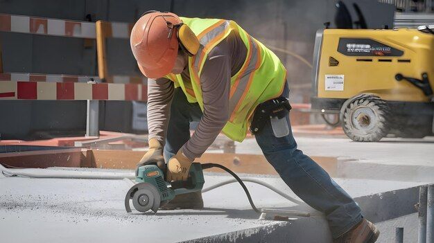 construction worker cutting concrete with angle grinder