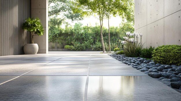 modern concrete patio with lush greenery