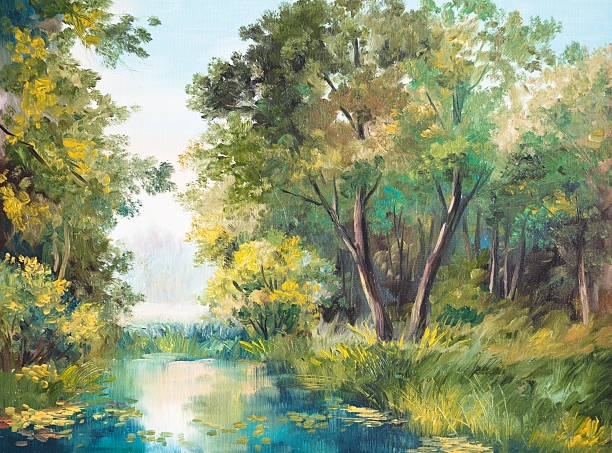 A tranquil river scene with lush green trees and foliage reflecting in the blue water.