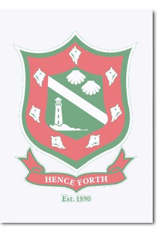 A pink and green coat of arms with a lighthouse on it.