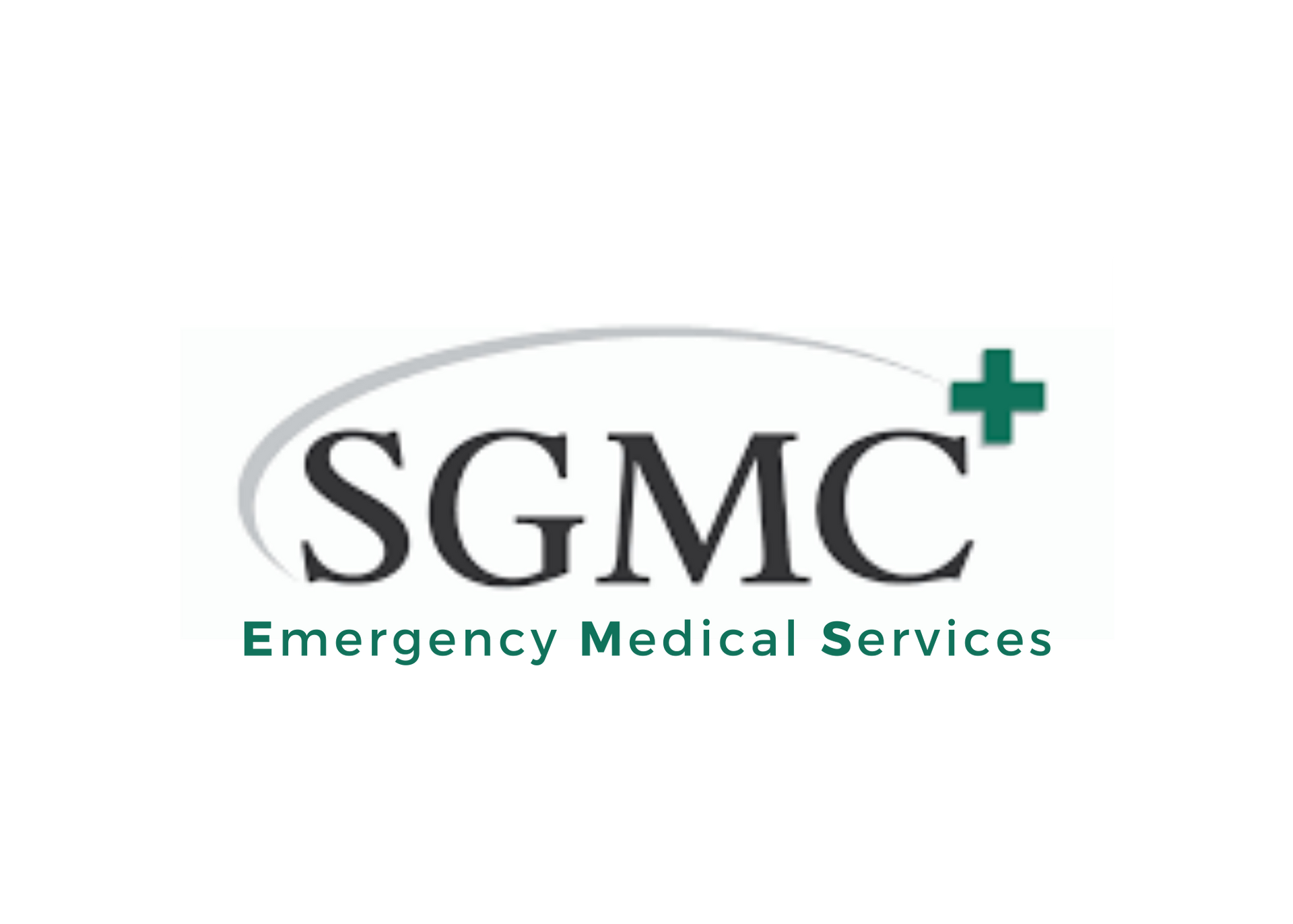 SGMC Emergency Medical Services logo: dark gray letters SGMC, green cross, curved line.