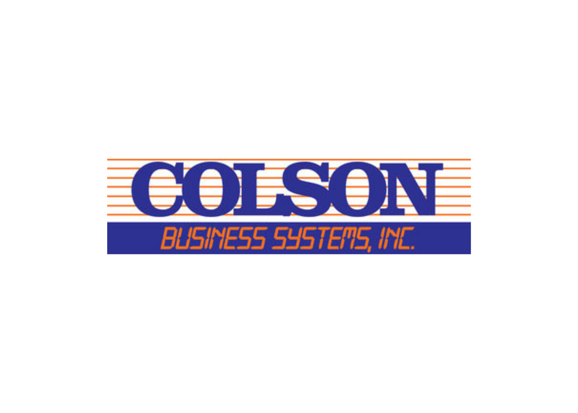 Logo for Colson Business Systems, Inc. with text in blue and orange, and a striped background.