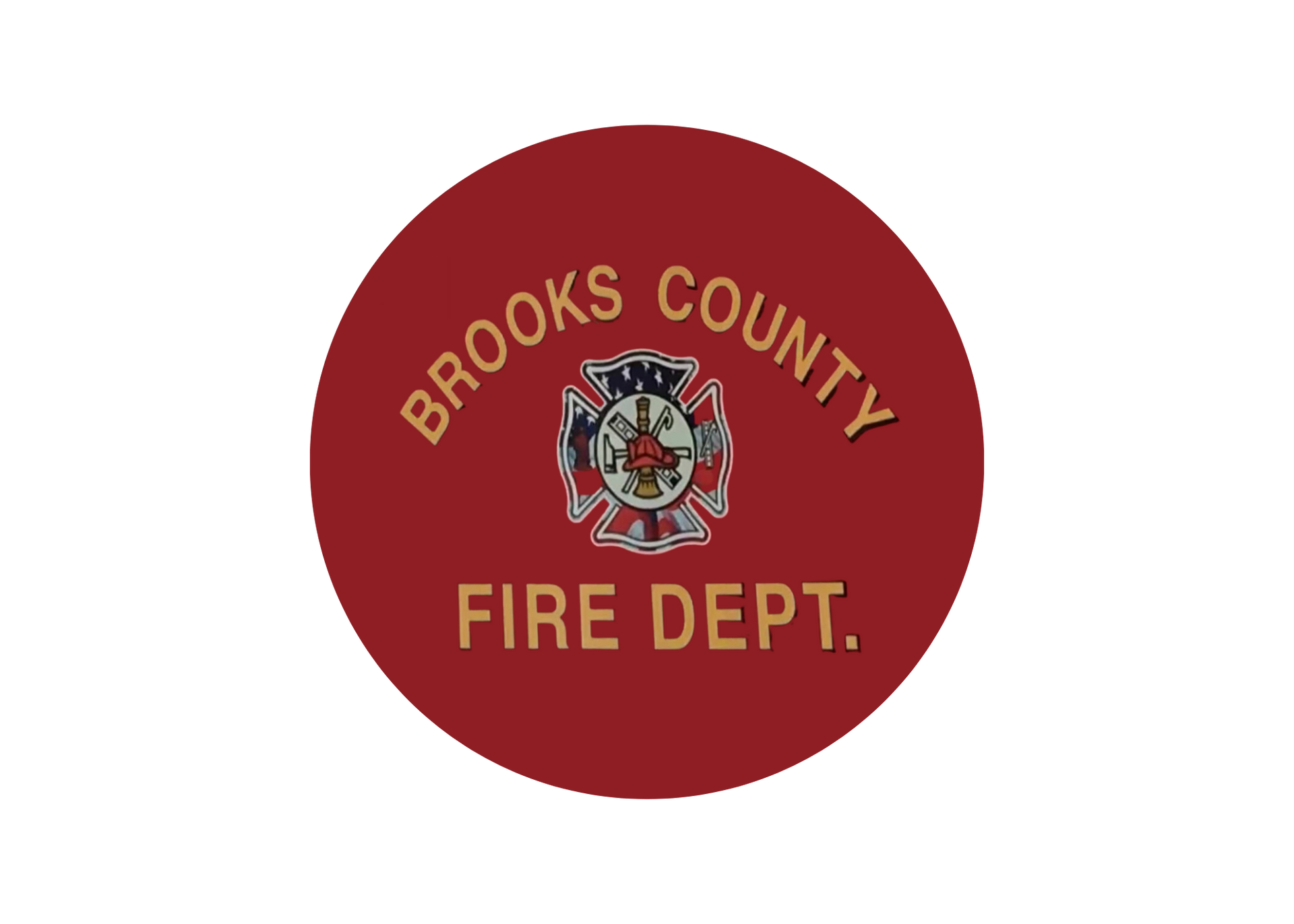 Brooks County Fire Dept. logo on a maroon circle: white fire emblem and text
