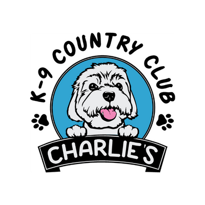 Logo: White dog with pink tongue in blue circle, 