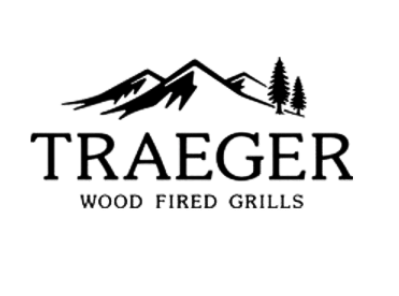 Logo for Traeger wood-fired grills with mountain range and trees above brand name.