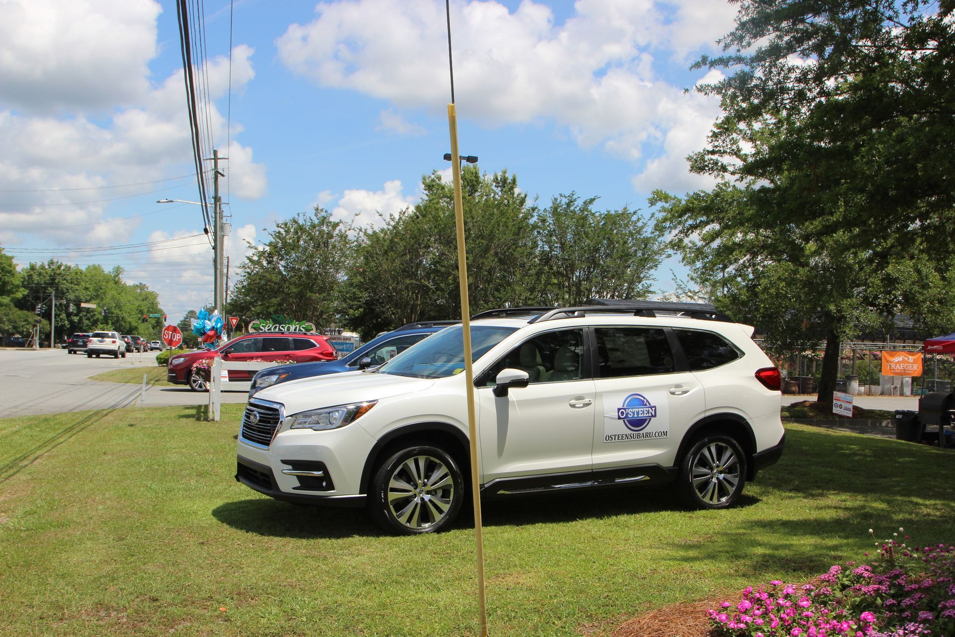 A white Subaru SUV parked on grass beside a road with other vehicles.
