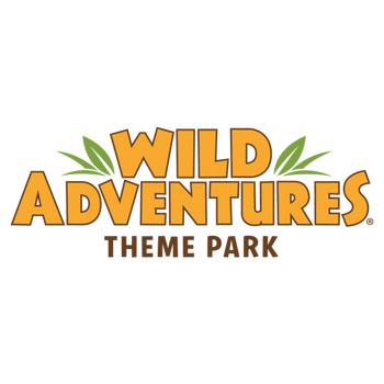 Wild Adventures Theme Park logo with orange text, green leaves.