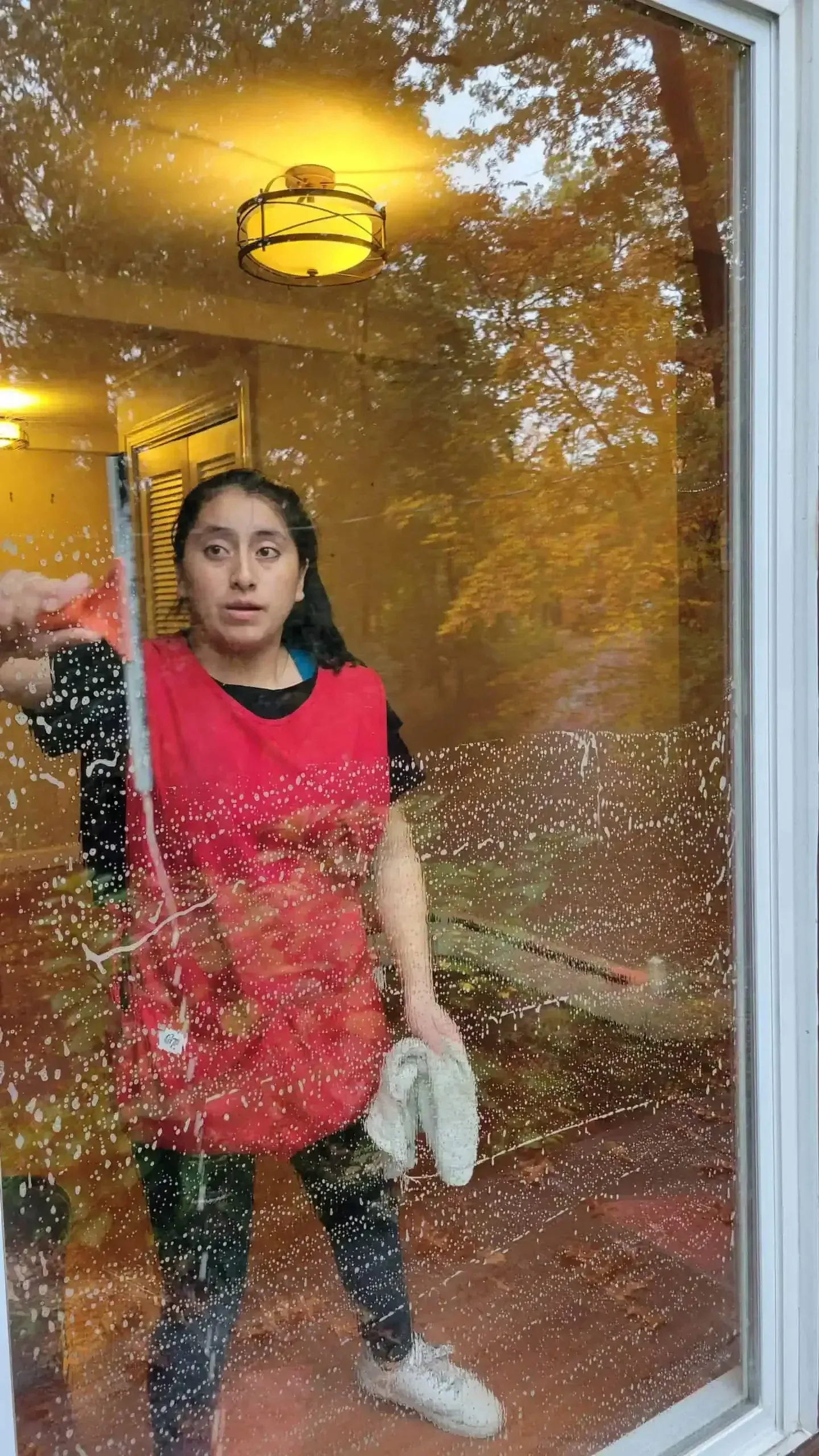 A woman is cleaning a window with a mop.