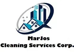 The logo for marjos cleaning services corp. has a speech bubble with houses and buildings in it.