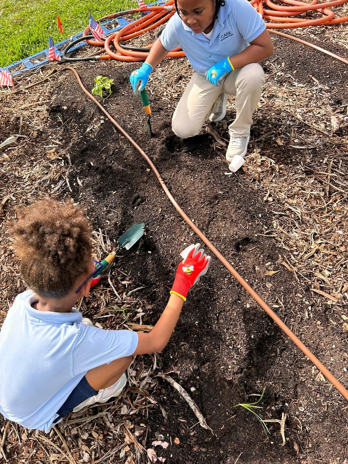 A boy and a girl are working in a garden.