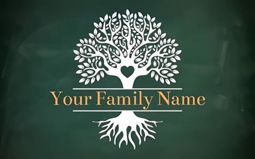 White tree illustration with heart and family name on dark green background.