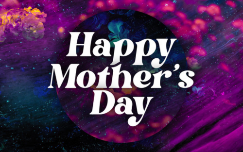 Happy Mother's Day text on a dark background with colorful, blurred shapes.