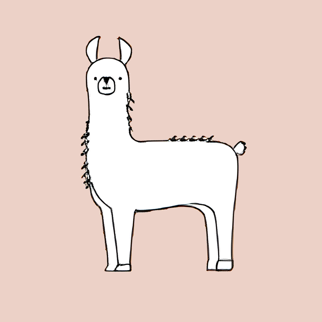 White llama with black outline on pink background.
