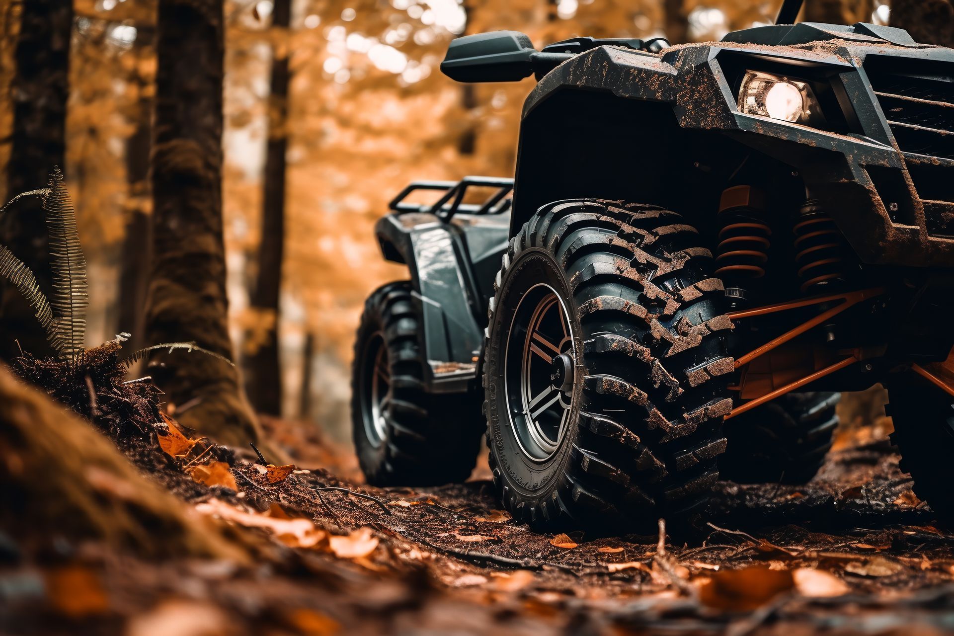 An atv is parked on a dirt road in the woods.