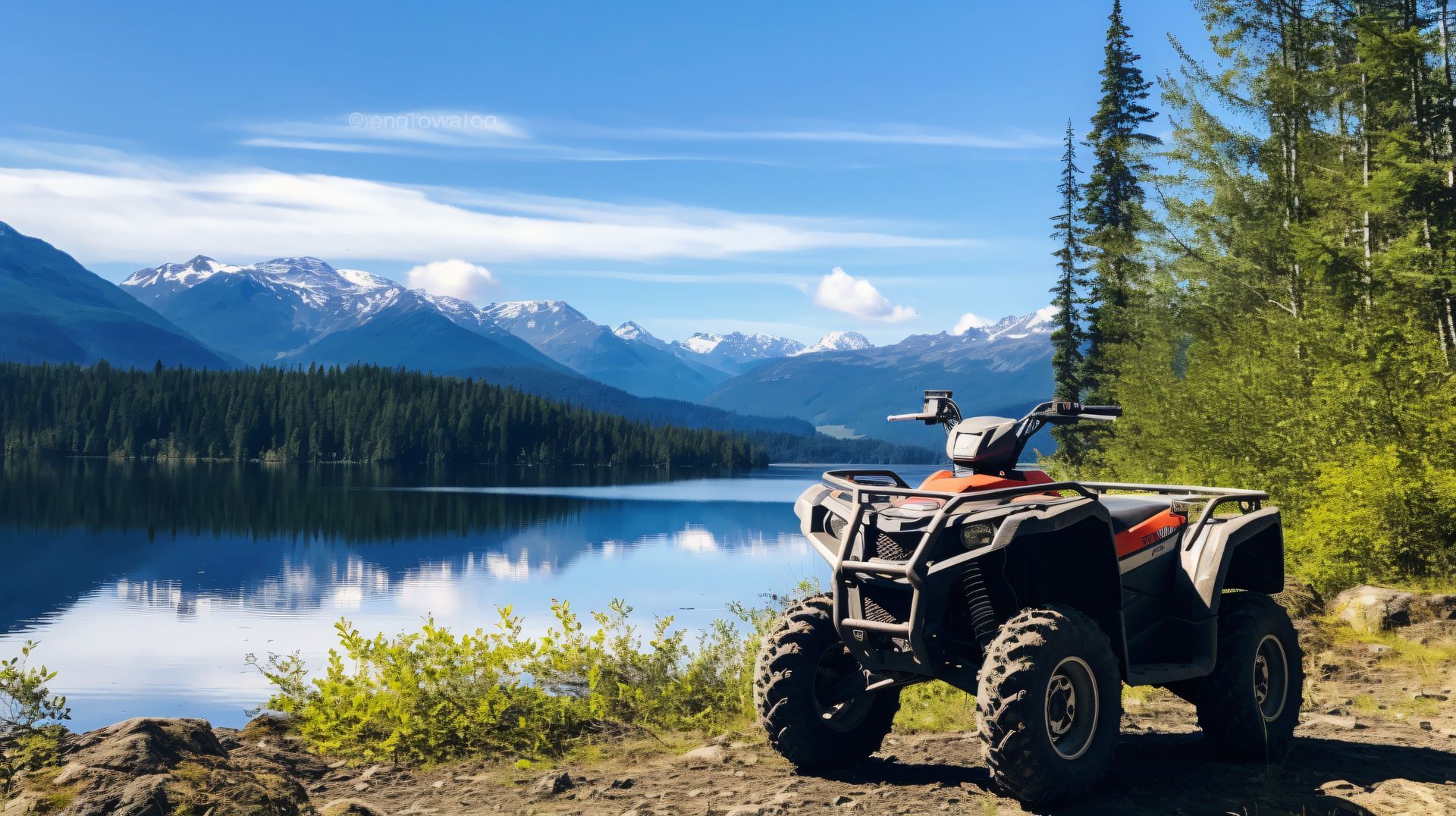 A four wheeler is parked next to a lake with mountains in the background.