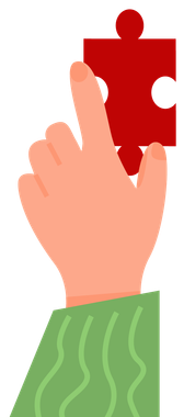 A hand is holding a red puzzle piece and pointing at it.