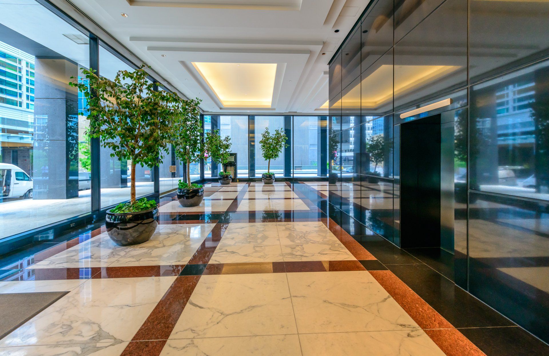Perspective of the modern lobby, hallway of the luxury hotel, shopping mall, business center in Vancouver, Canada. Interior design.