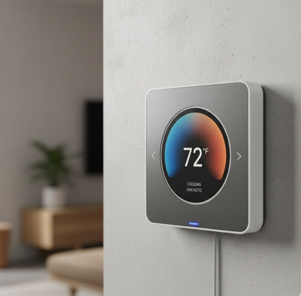 Smart thermostat on a wall, displaying 72 degrees.