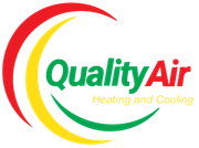 Logo for Quality Air, heating and cooling. Text "Quality Air" in green with red and yellow crescent shapes.