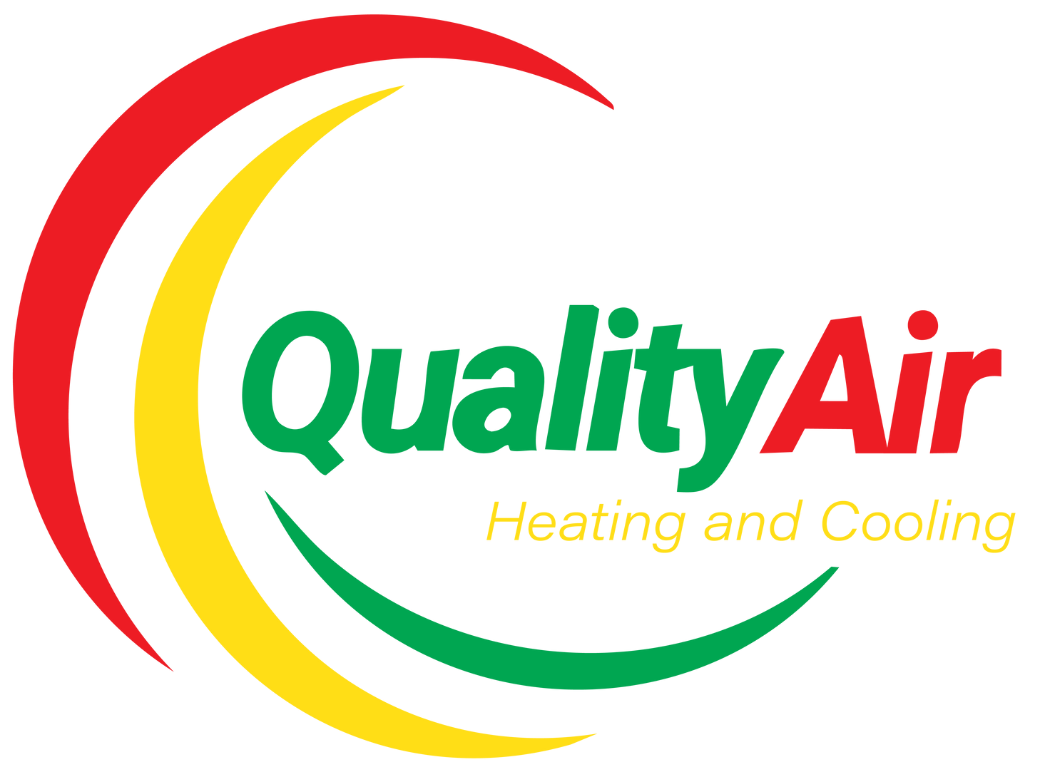 Logo for Quality Air, heating and cooling. Text "Quality Air" in green with red and yellow crescent shapes.