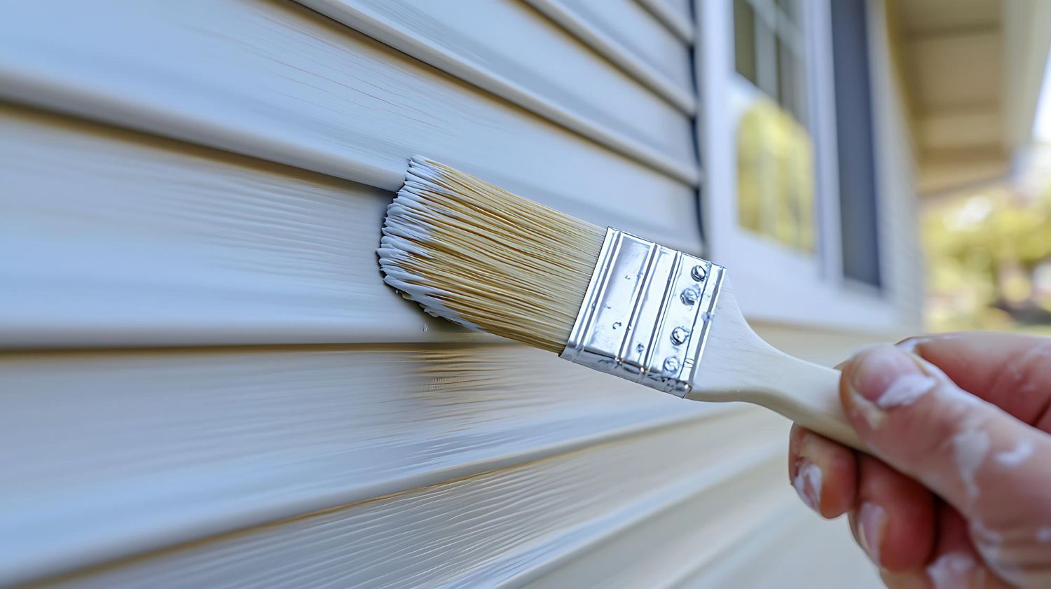 Painting white siding with a brush. Hand holding brush, applying paint to the horizontal ridges of a house.