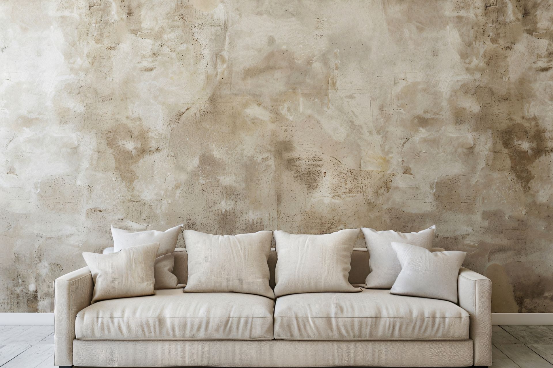 A white couch with white pillows in front of a concrete wall.