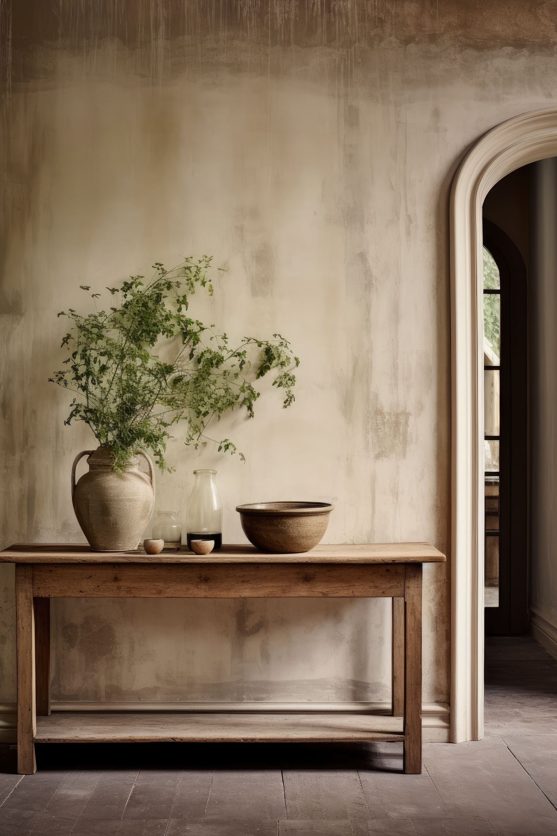 A wooden table with a vase and bowls on it in a room.