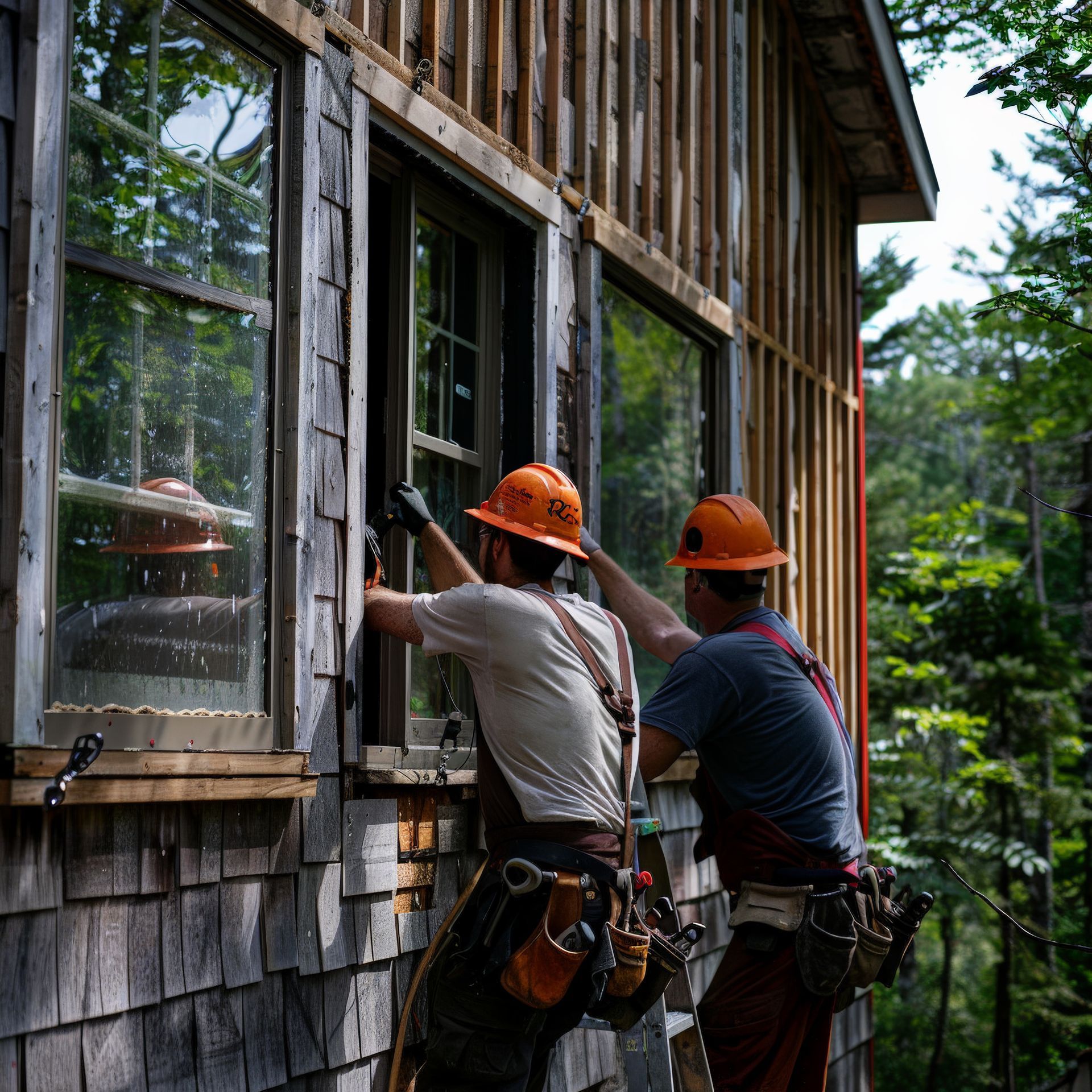 Two men wearing hard hats are working on a window