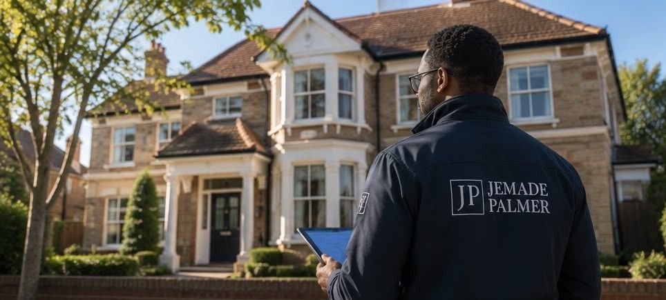 Real estate agent stands before a large house, holding a tablet near a front walkway