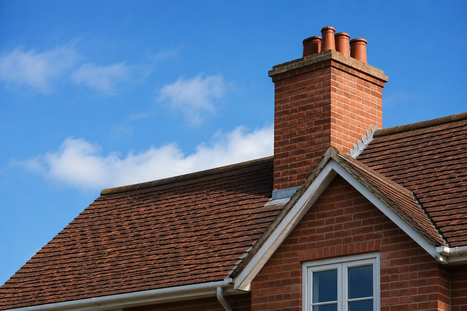 Brick house roof and chimney against a blue sky
