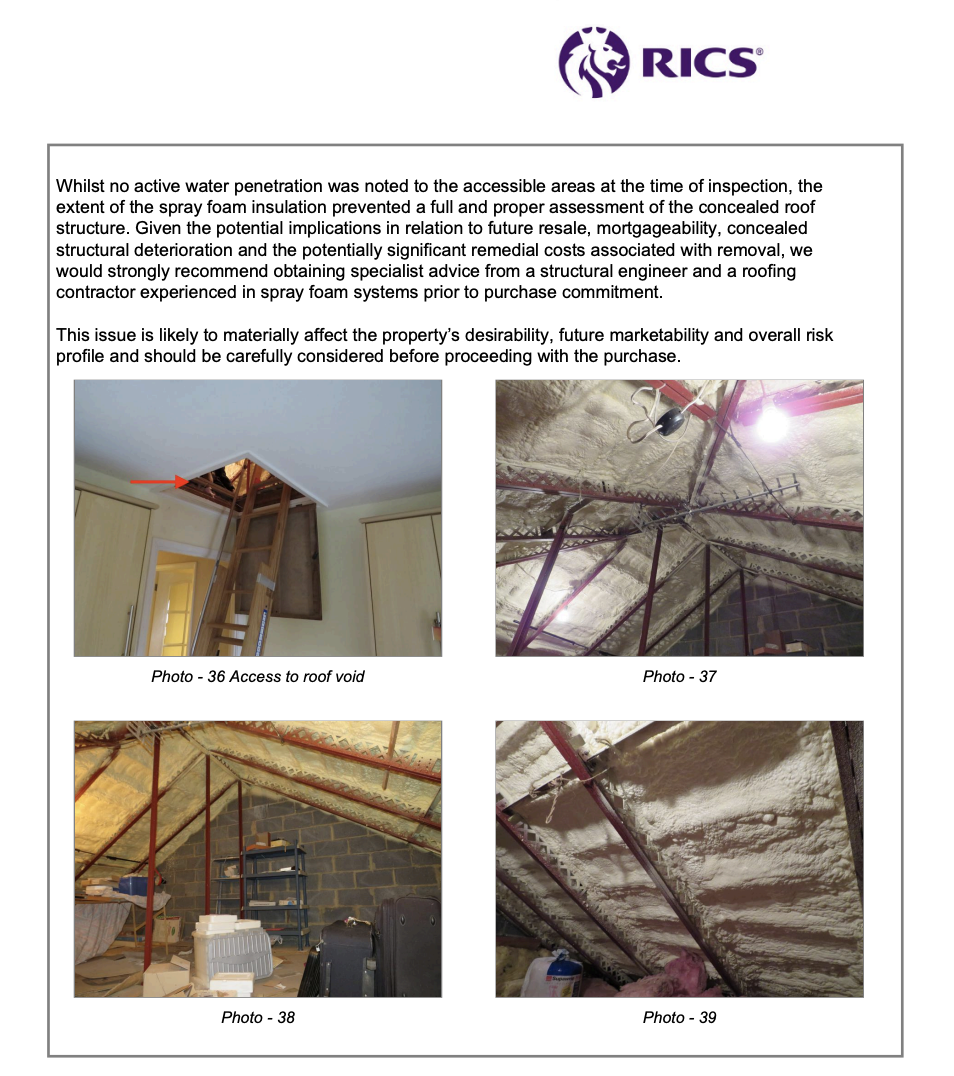RICS report page with four photos of roof and attic damage, showing insulation and exposed beams